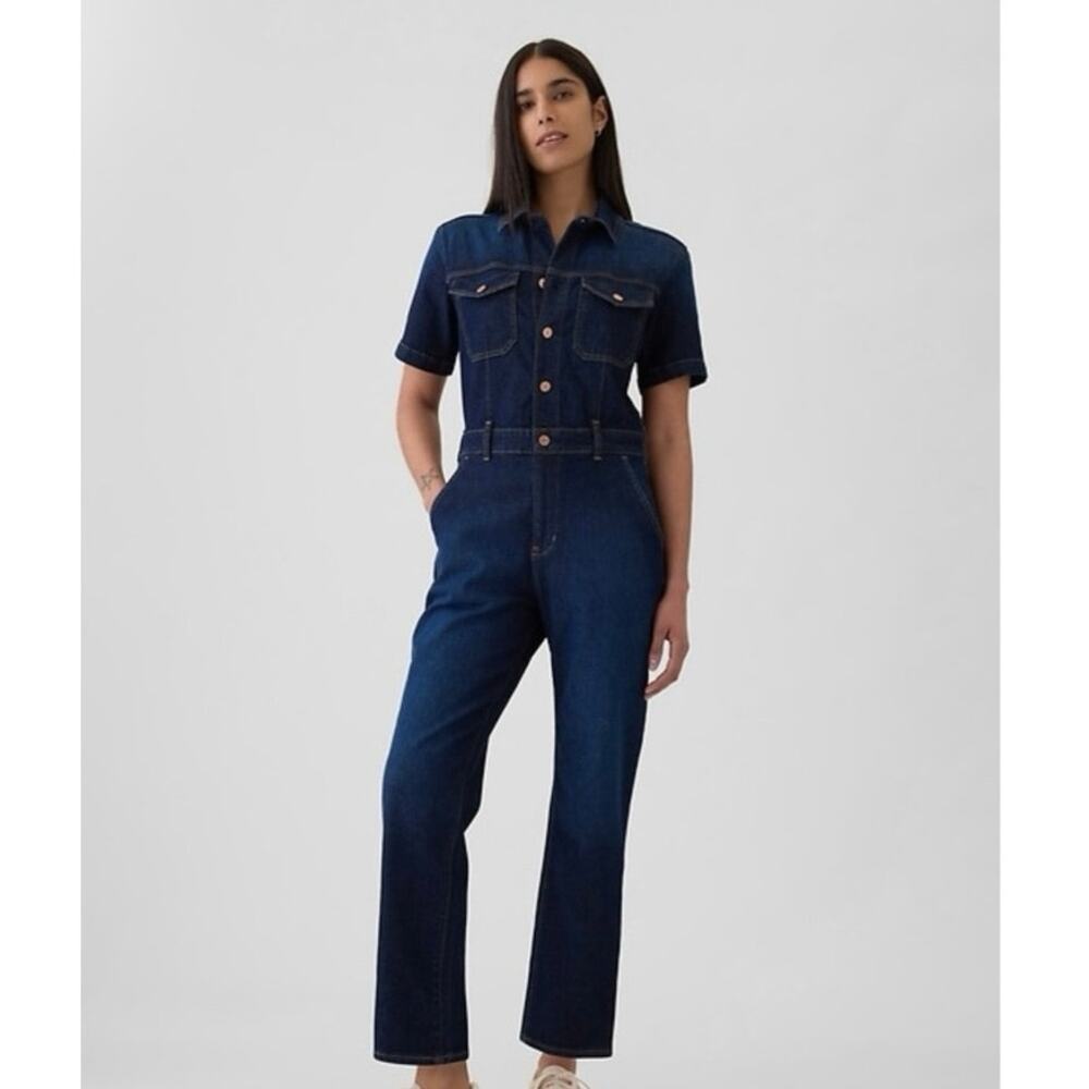 Gap Denim Jumpsuit 8 Tall Short Sleeve Utility Straight Leg Modern Western Retro